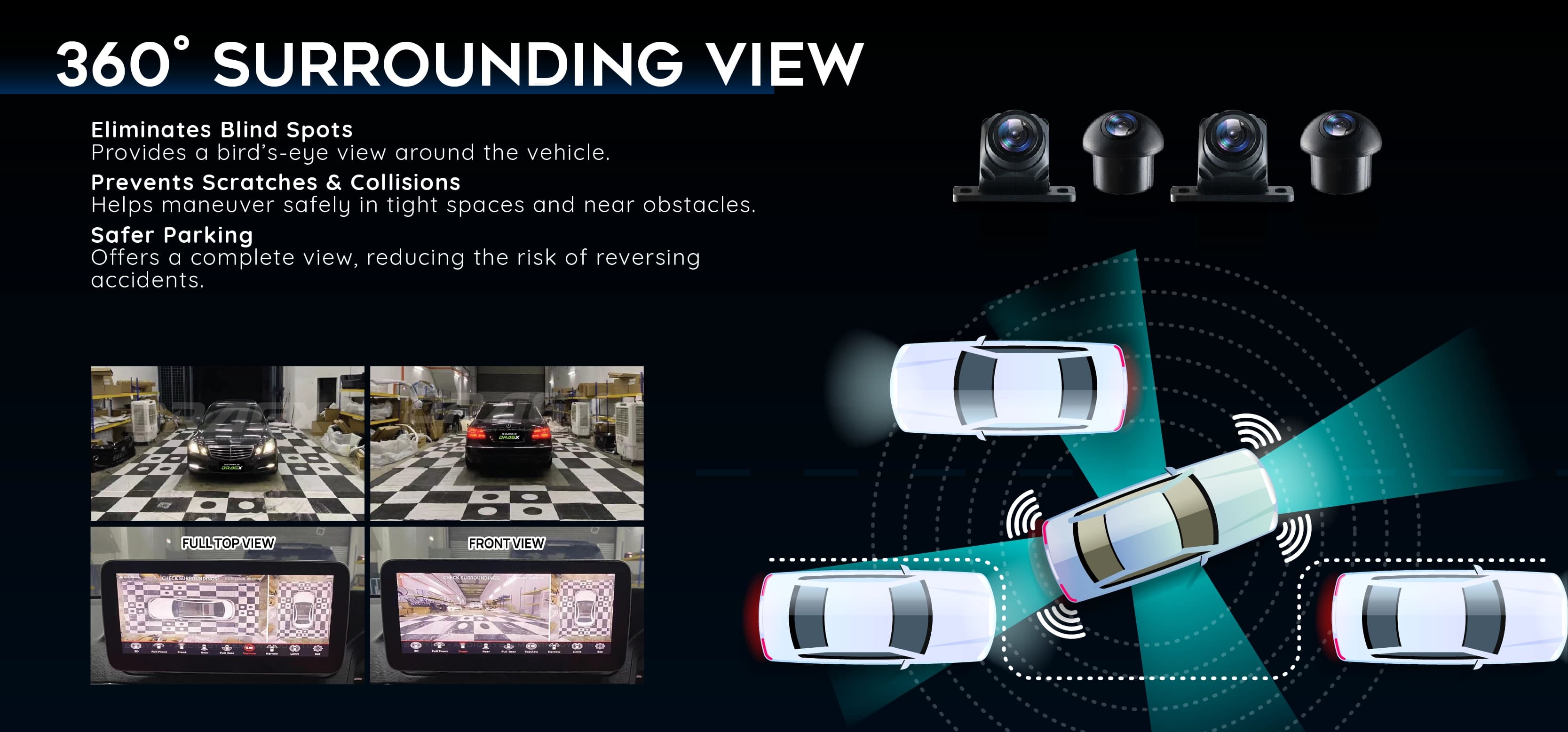 DX360 360° Surrounding View - Eliminates blind spots, prevents scratches and collisions, enables safer parking with complete vehicle coverage